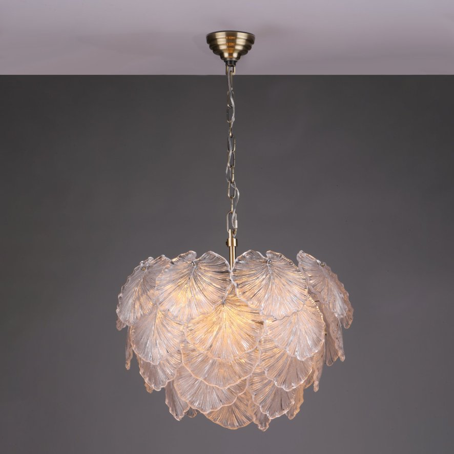 Dar - Courtney 10 Light Pendant Textured Glass and Antique Brass