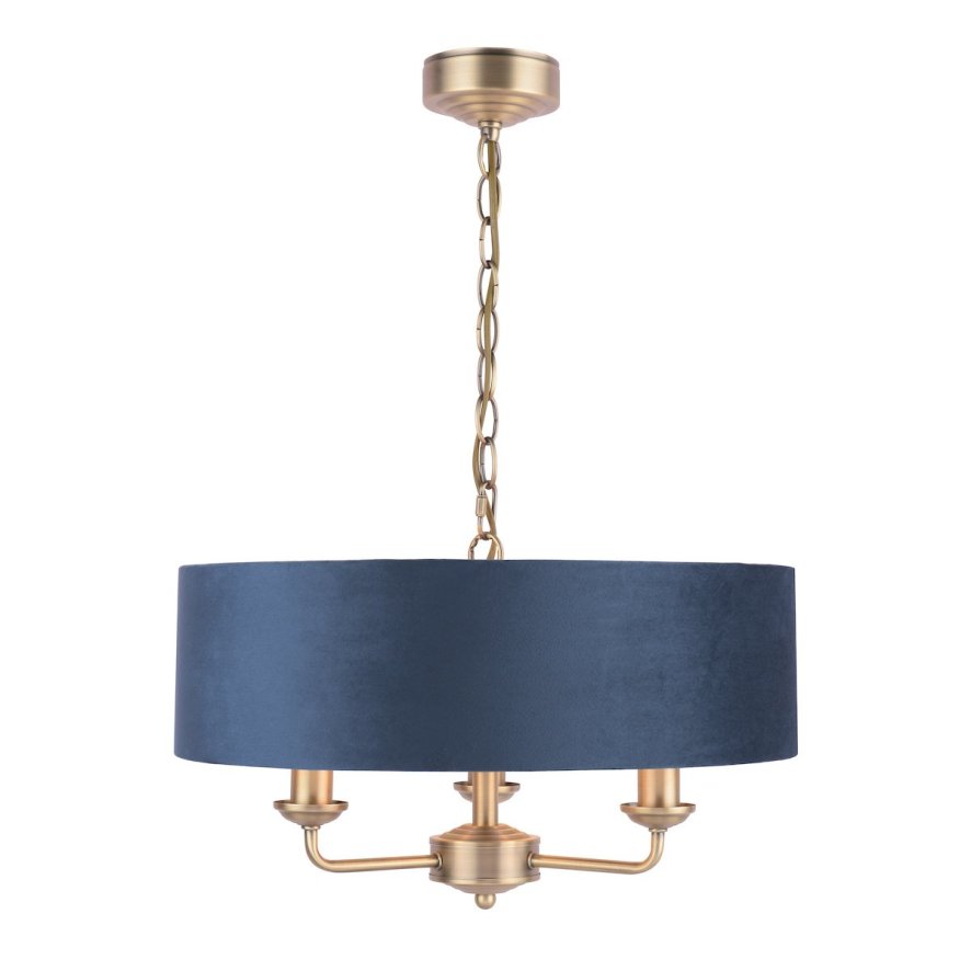 Laura Ashley Laura Ashley - Sorrento 3 Light Pendant Matt Antique Brass & Blue Shade