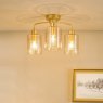 Dar Lighting Dar - Daylin Three Light Semi-Flush (Satin Gold and Amber Ribbed Glass)