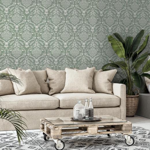 Add a touch of rustic elegance to your home with the Esselle Stag Damask Sage Green Wallpaper. This c...
